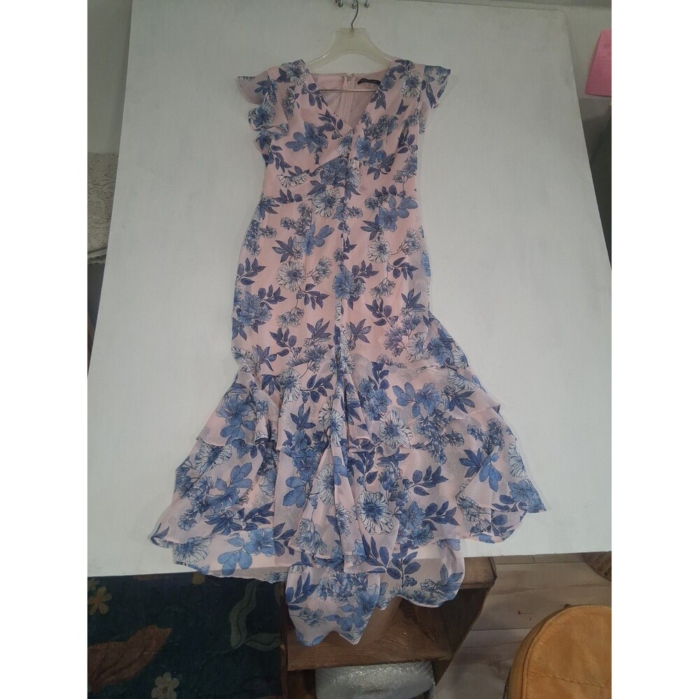 Tommy Hilfiger Sz 4P Pink Blue Floral Babydoll Tiered Whimsical Vneck Midi Dress